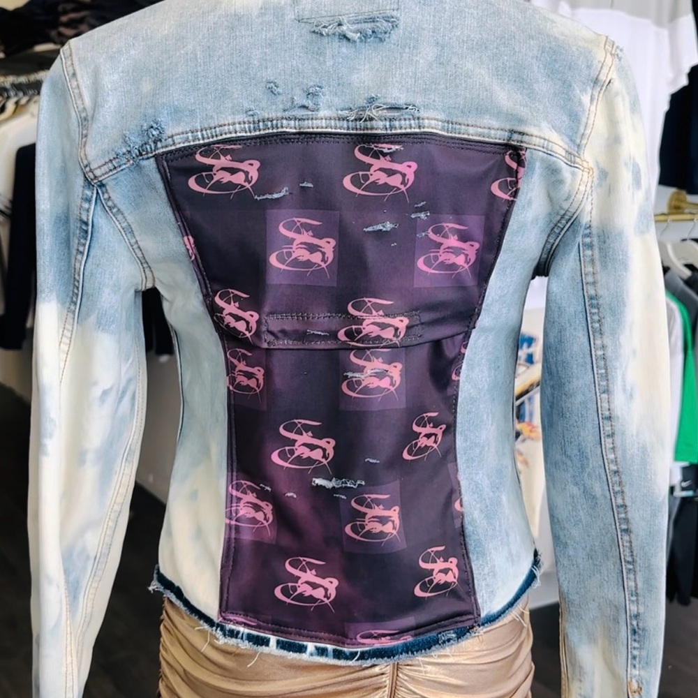 Stylish SAGII distressed Denim Jacket with Pink Accents